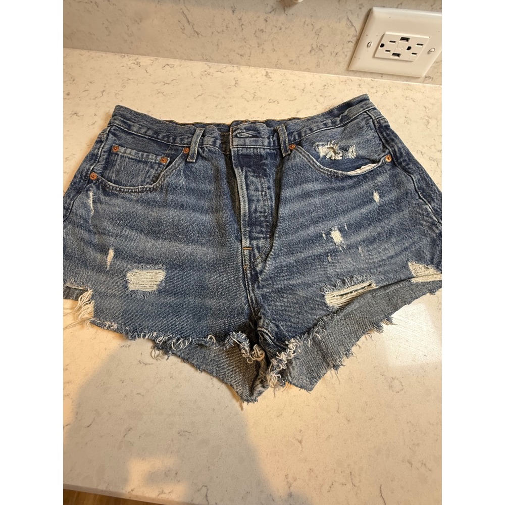Levis Premium 501 Distressed Denim Cut Off Shorts Medium Wash Button Fly